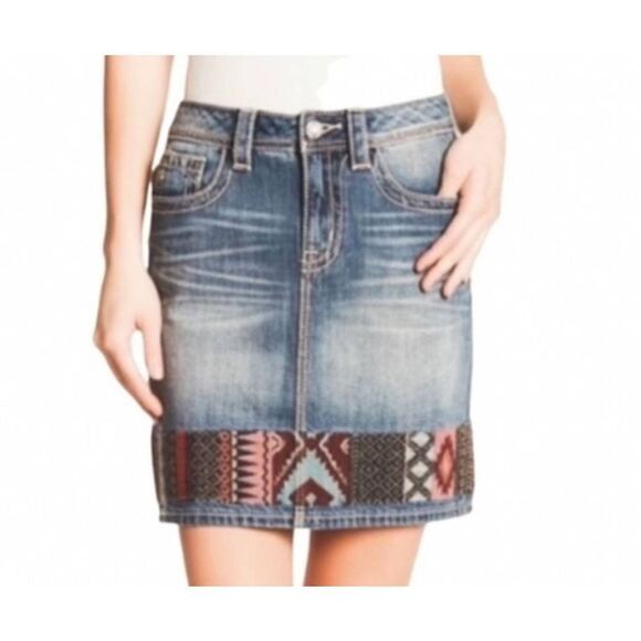 Miss Me Denim High Rise Mini Skirt with Embroidered Trim Sz 30 - Picture 1 of 4